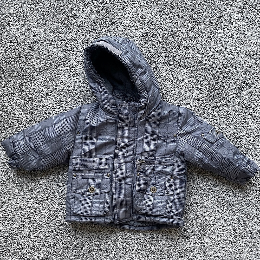 London Fog Baby Boys 12M Gray Plaid Sherpa Lined Puffer Jacket